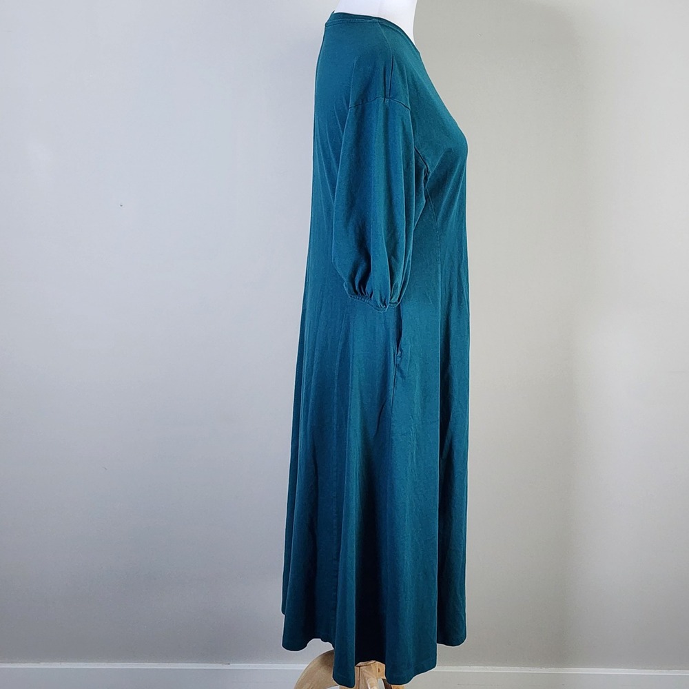 Uniqlo Puff Sleeve Midi Dress Womens Large Teal Cotton Knit Pockets Minimalist - Picture 4 of 13